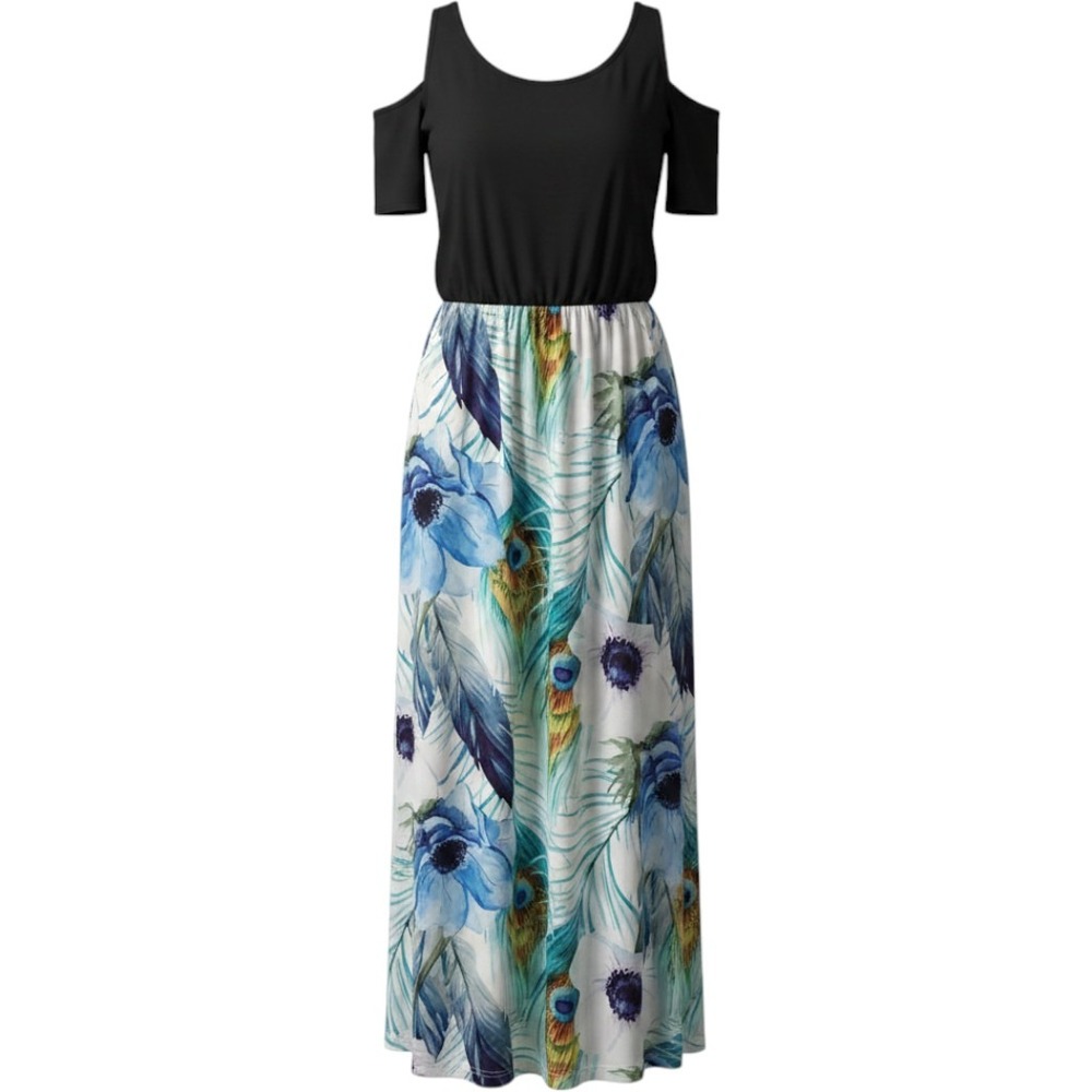 Styleword Womens Cold Shoulder Maxi Dress Black Floral Peacock Print Pockets M
